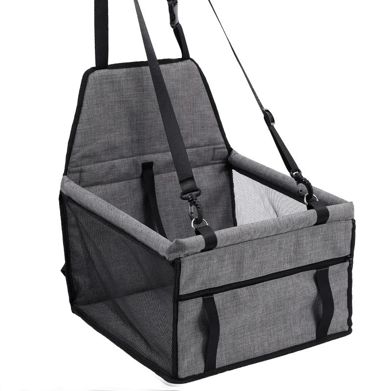 Grey Hanging Pet Car Seat colour option with adjustable straps, safety leash clips and mesh side panel