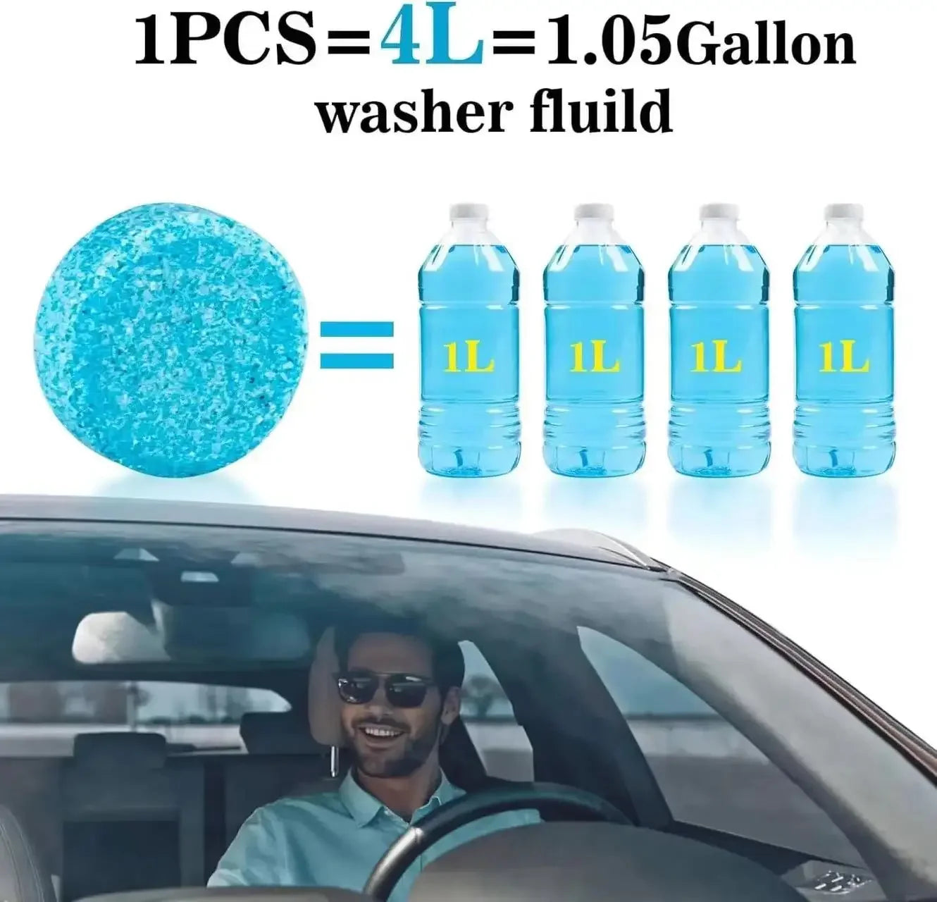 Infographic showing one Windscreen Washer Fluid Tablet equals four litres of washer fluid, with a man driving a car with a clean windscreen