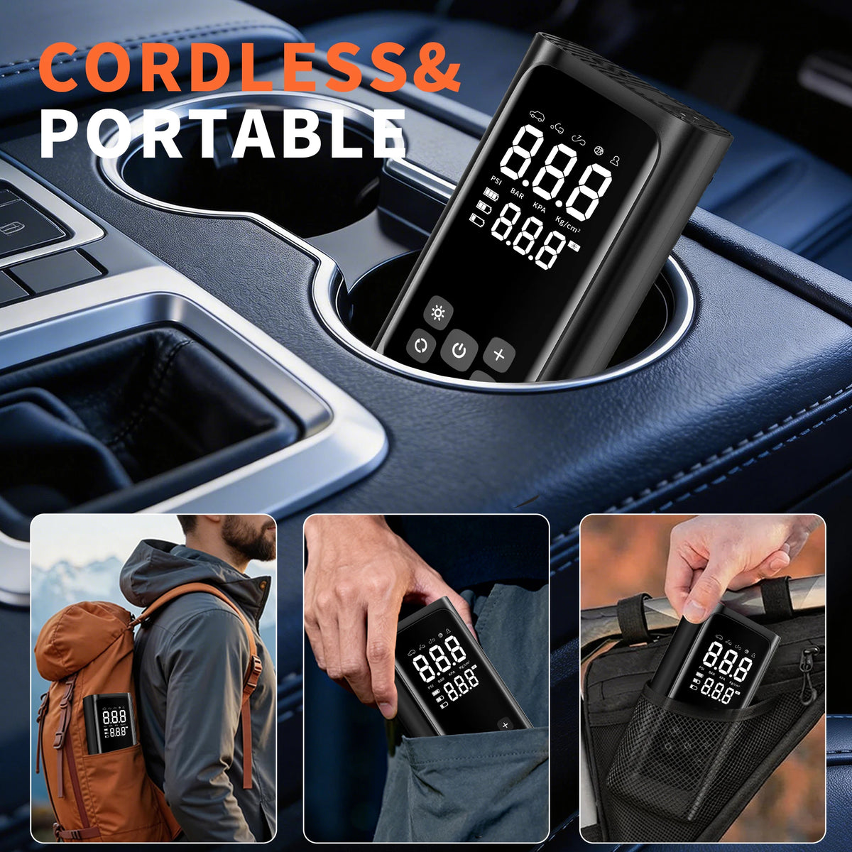Rechargeable Digital Tyre Pump in a car cup holder and carried in a backpack, pocket and bike bag