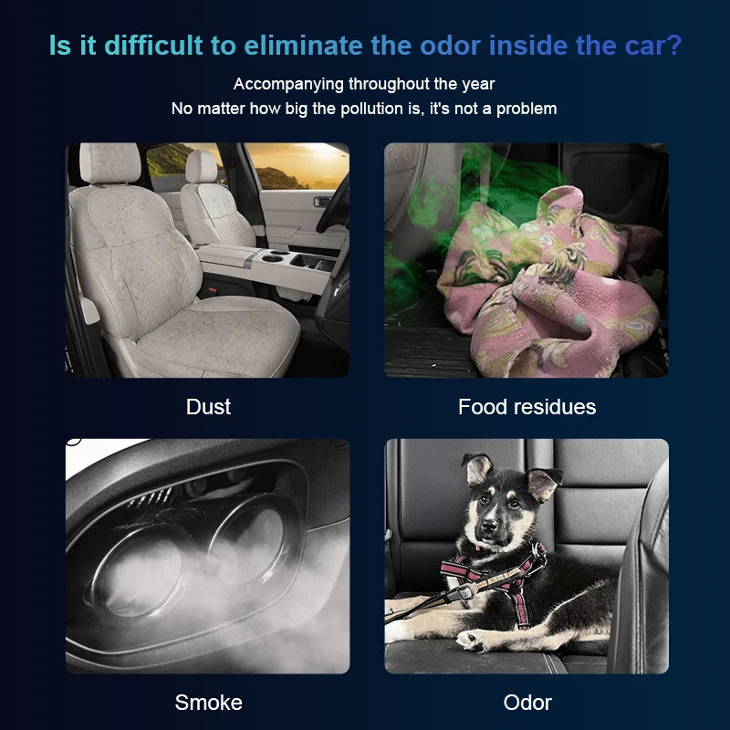 Graphic showing common car odor sources: dusty seats, food residue, engine smoke, and a dog in the car