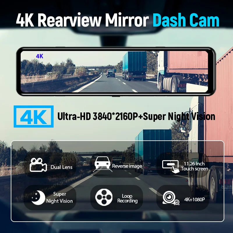 4K Mirror Dash Cam screen showing a highway driving scene, labelled Ultra-HD 3840x2160P with super night vision
