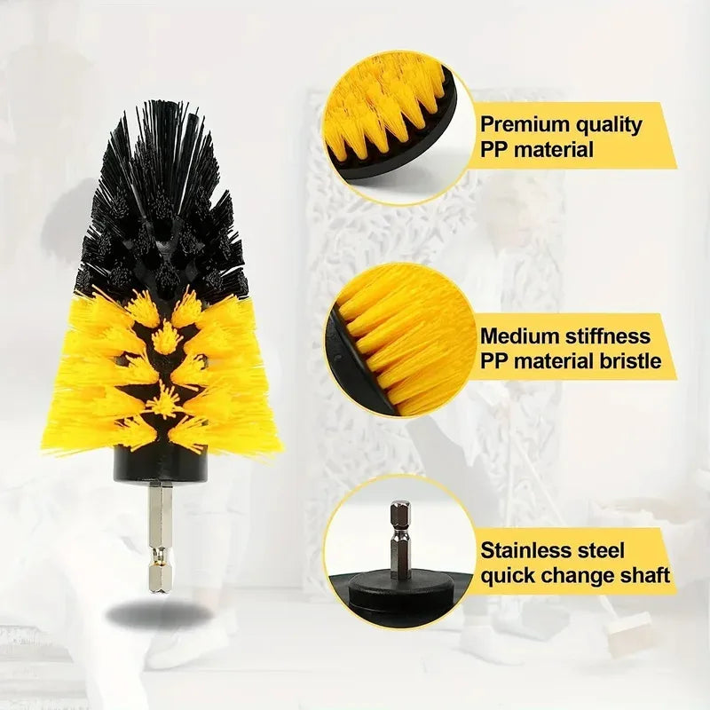 Close-up of a yellow drill brush head with callouts showing premium PP material, medium stiffness bristles and a stainless steel quick-change shaft