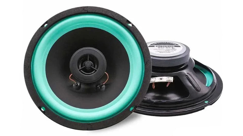 Two car speakers shown on a white background, one front view and one side view, featuring a black cone, black surround, and a vibrant teal inner ring.