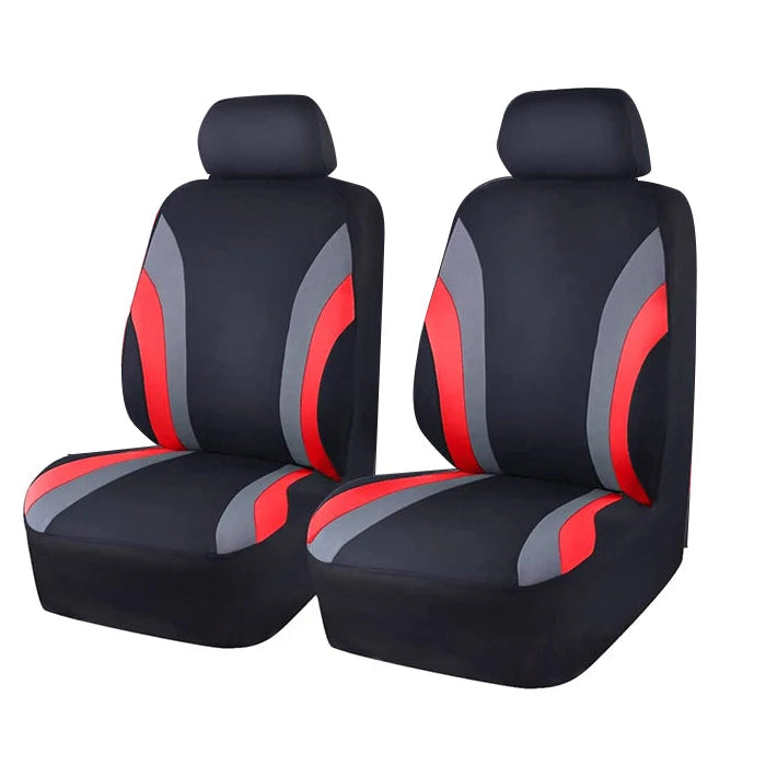 A pair of car seat covers on a plain white background. The seat covers are black with gray and red curved stripe accents.