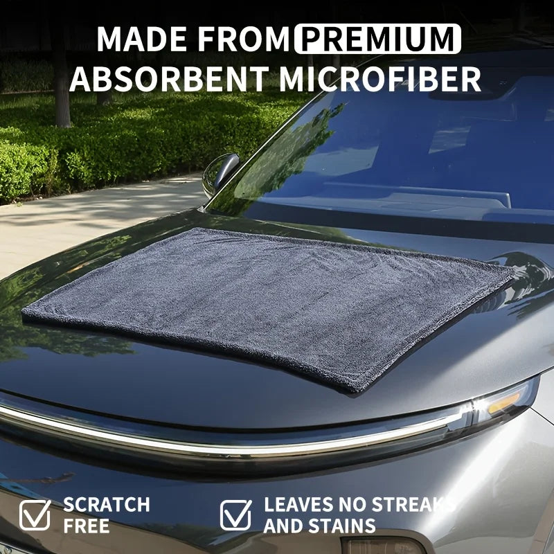 XXL Microfiber Drying Towel laid flat on a car bonnet with scratch-free and no-streak badges highlighting premium absorbent microfiber
