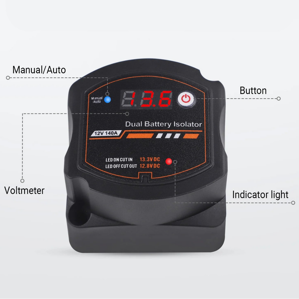 Digital VSR Battery Isolator labelled features: manual/auto mode, power button, voltmeter and indicator light