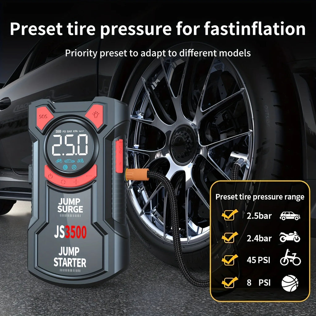 Pro Jump Starter Compressor inflating a car tyre, with preset pressure modes for car, motorbike, bicycle and ball
