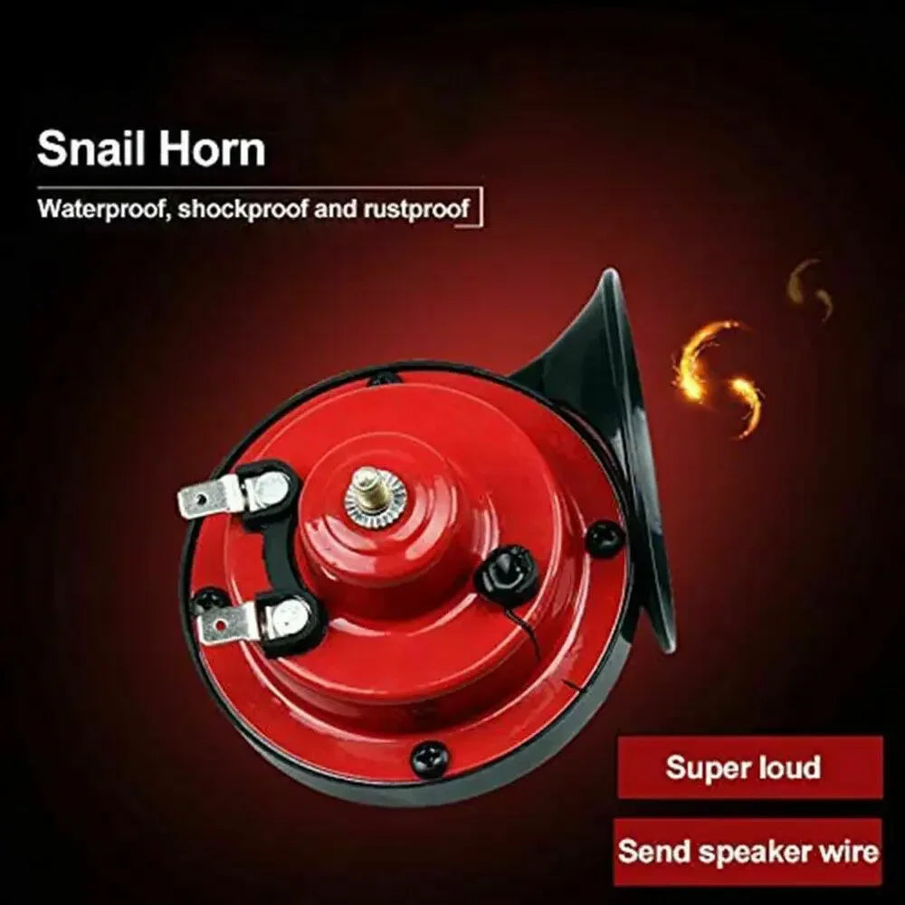 Red snail air horn labelled waterproof, shockproof and rustproof with super loud output