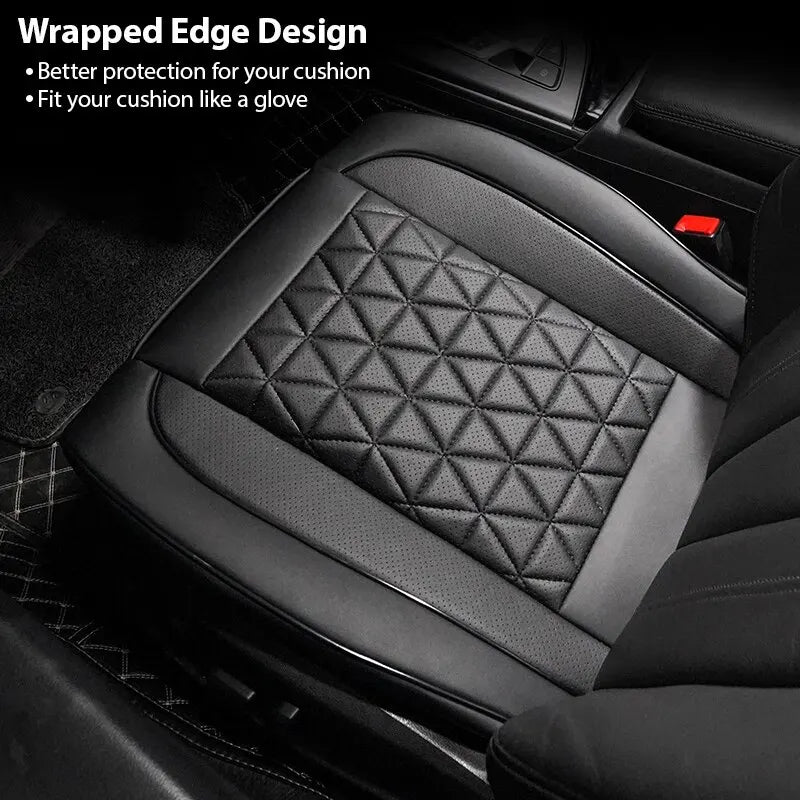 Front Seat Cushion Cover fitted to a black car seat highlighting the wrapped edge design for a snug fit