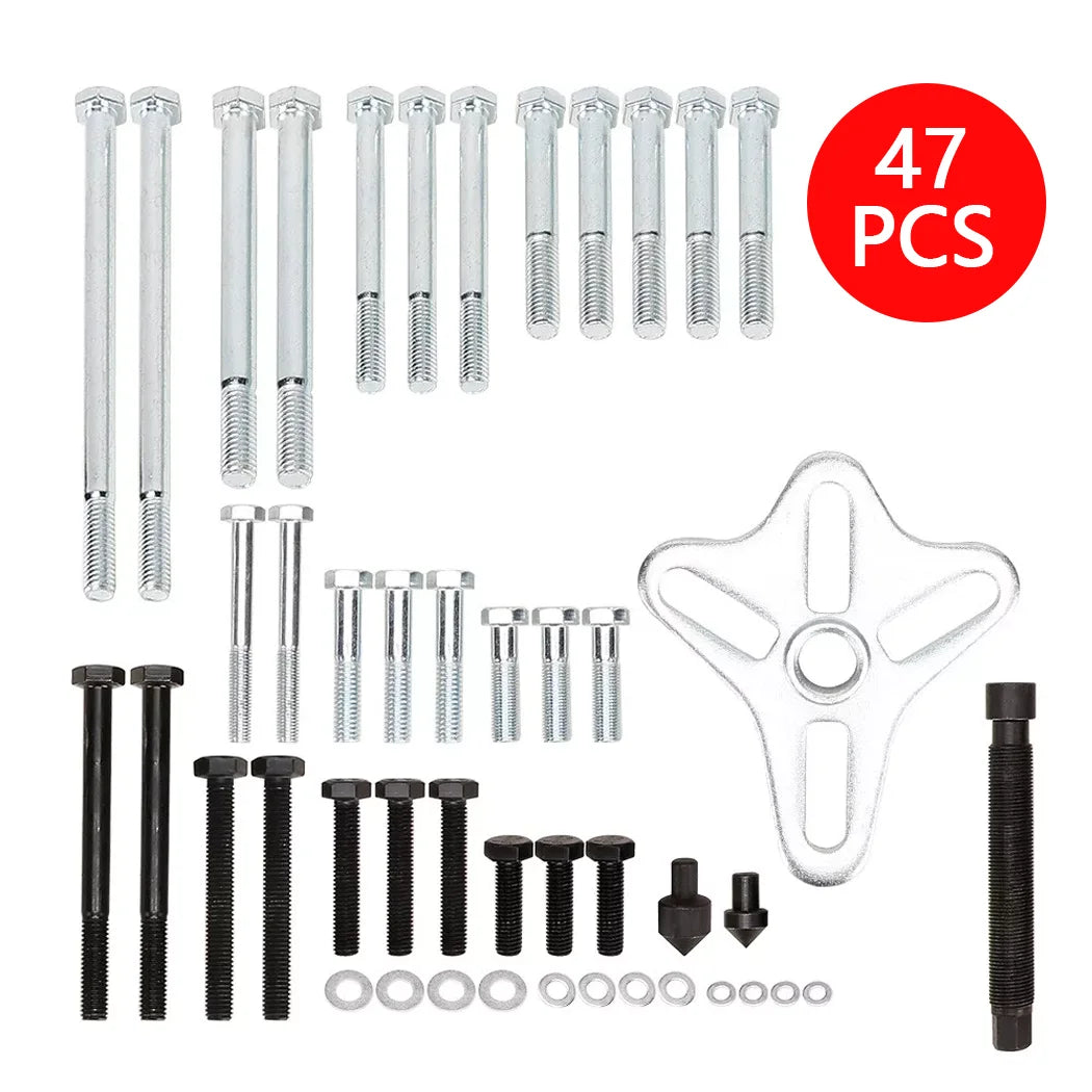 47-piece Harmonic Balancer Puller kit components laid out including the three-jaw plate, bolts, rods and washers