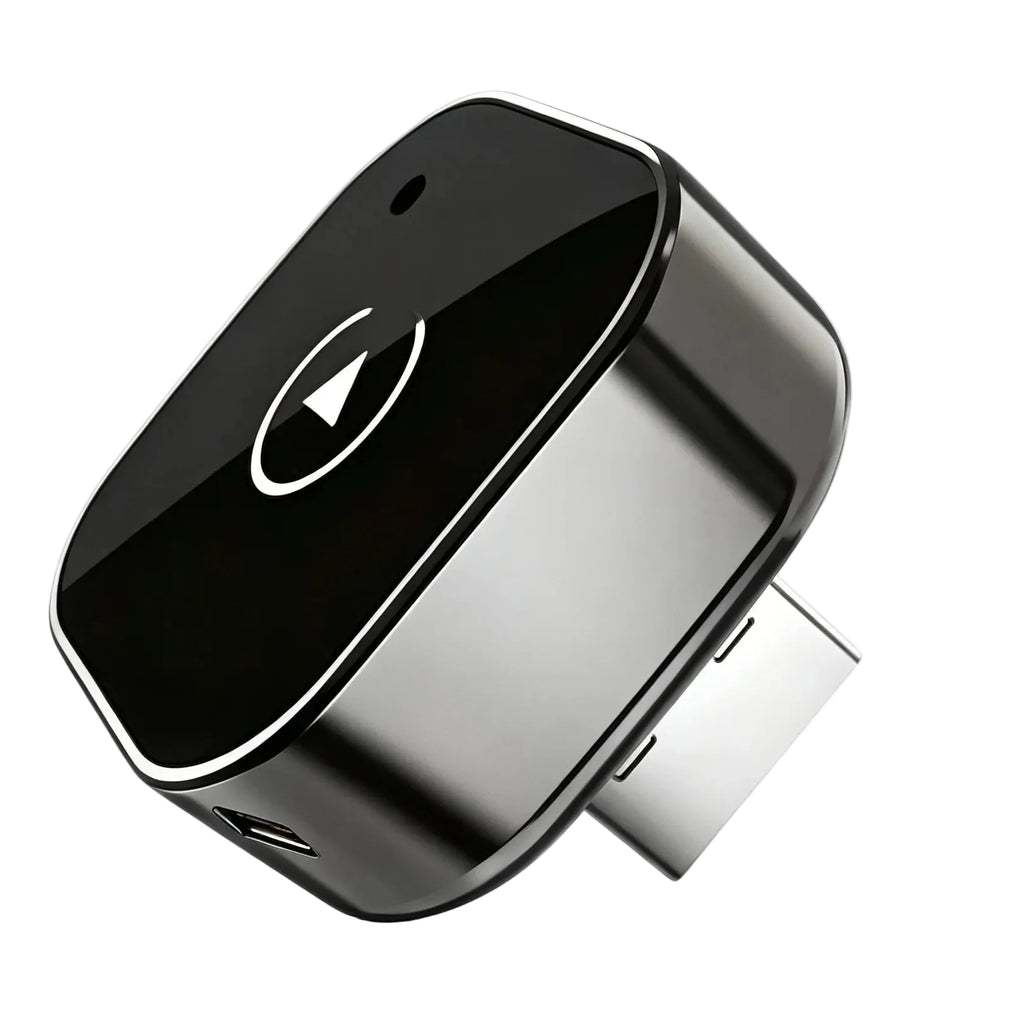 Mini Wireless CarPlay Adapter in glossy black and chrome with USB-A connector on a white background