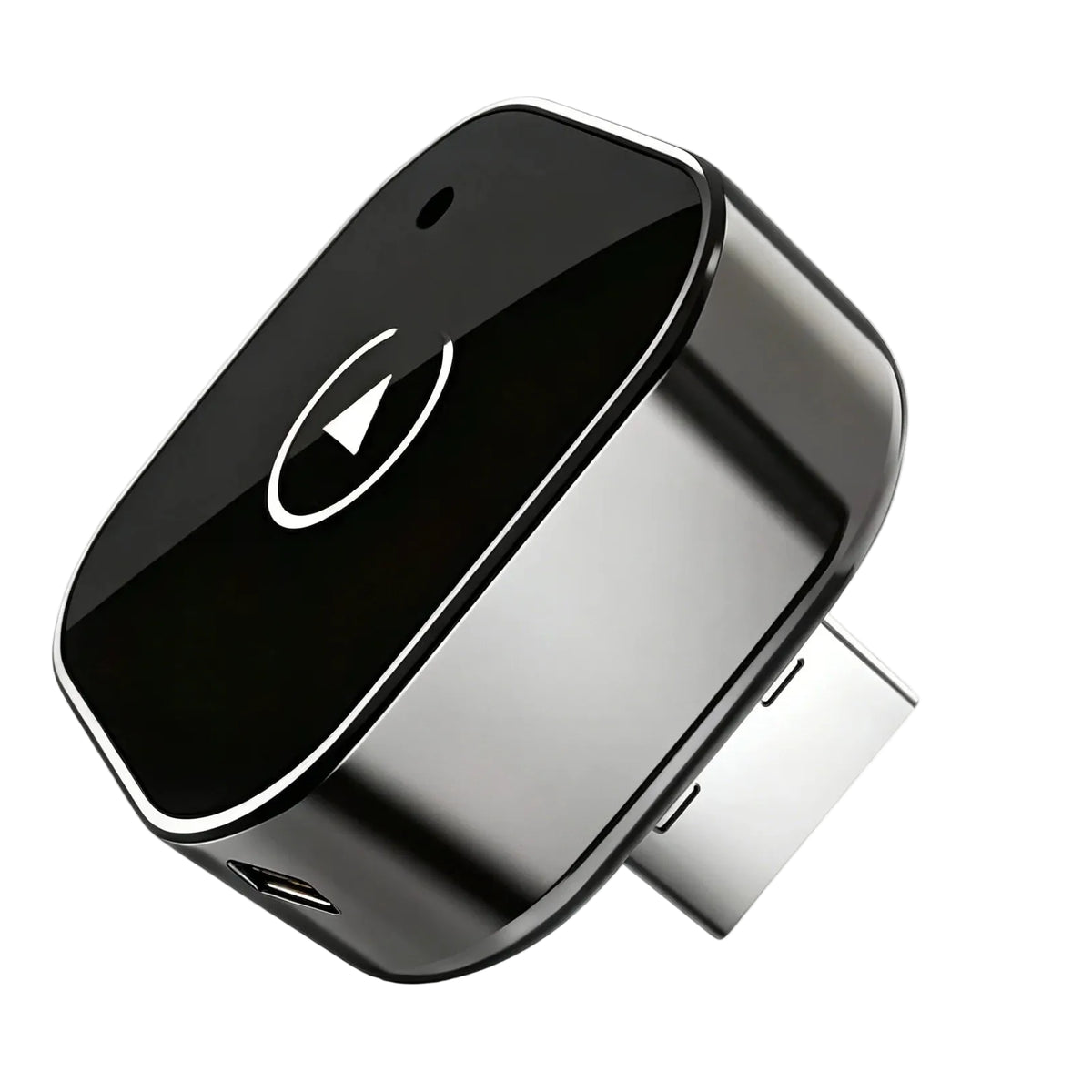 Mini Wireless CarPlay Adapter in glossy black and chrome with USB-A connector on a white background