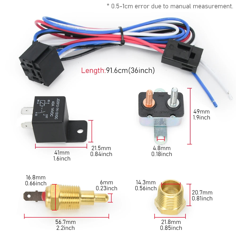 Thermo Fan Relay Kit dimension diagram with 91.6 cm harness, 41 mm relay, circuit breaker, 56.7 mm sensor and brass adapter