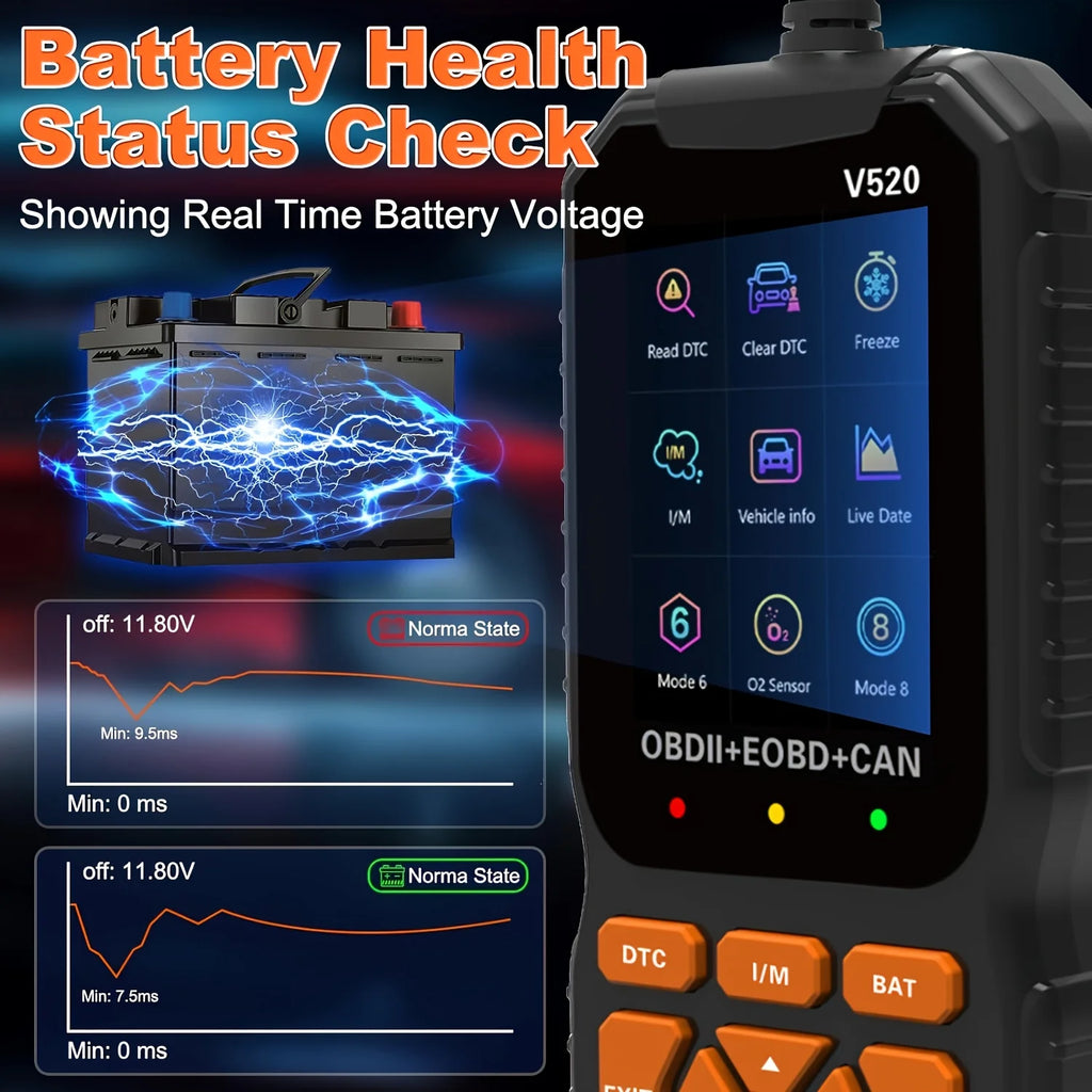 Advanced OBD2 Scanner screen displaying real time battery health and voltage status