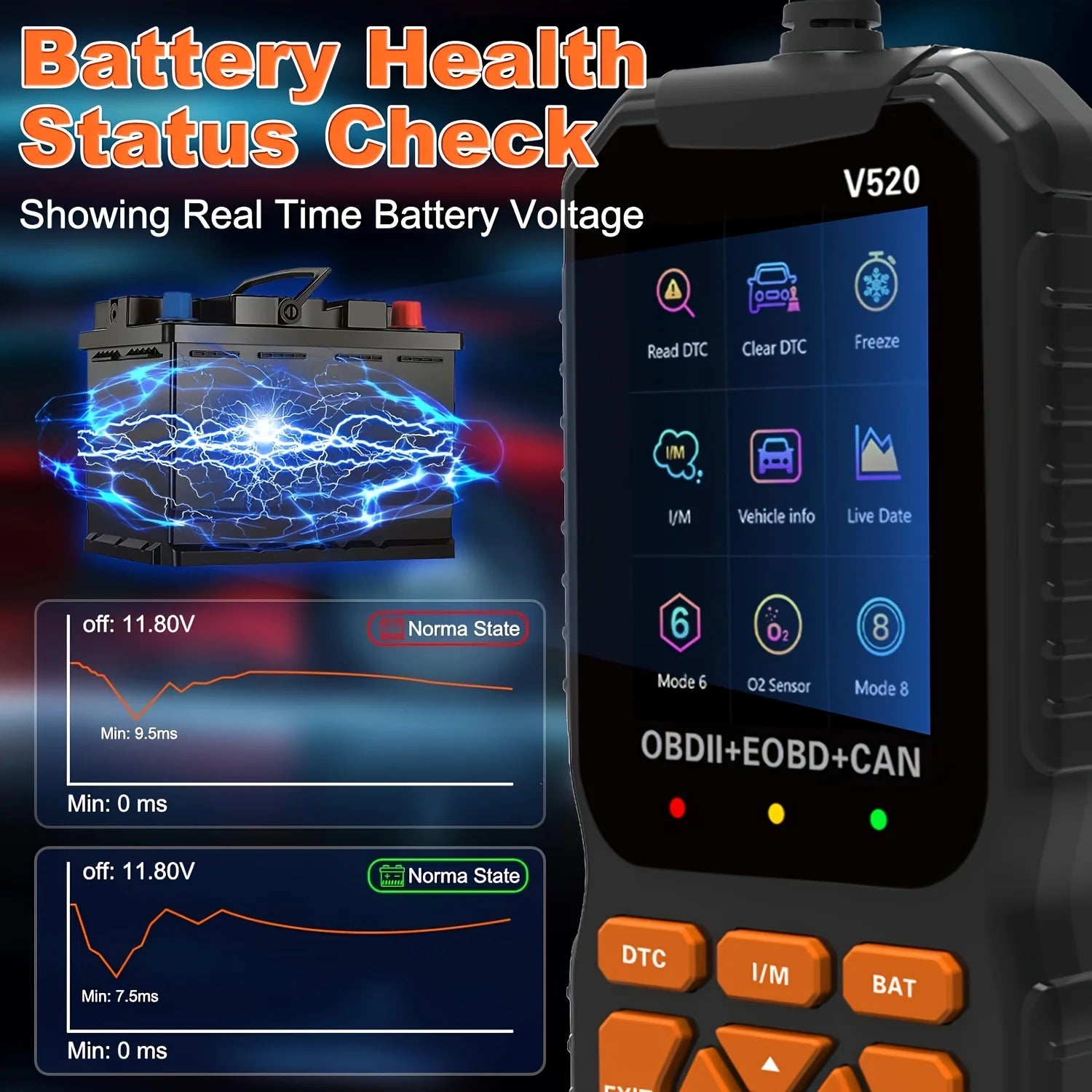 Advanced OBD2 Scanner screen displaying real time battery health and voltage status