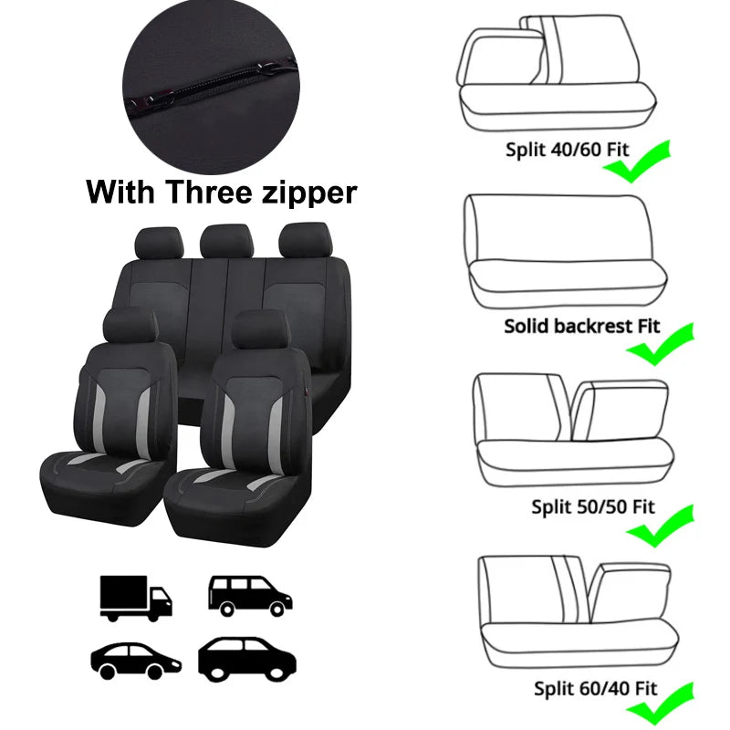 Breathable Mesh Seat Cover fitment guide showing compatible rear bench styles including 40/60 and 50/50 split