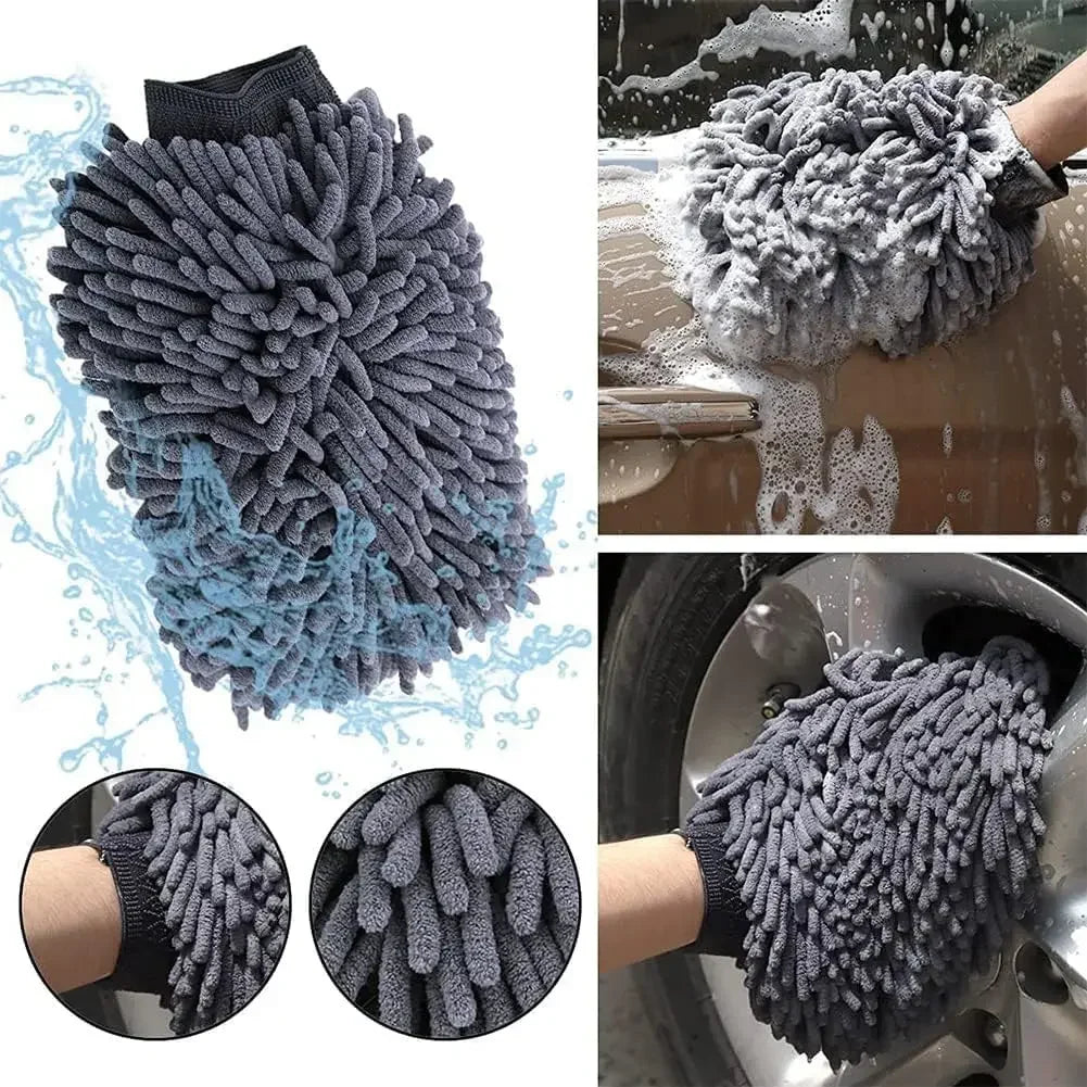 Grey chenille wash mitt from the 10-Piece Car Detailing Kit worn on hand to wash car paintwork and wheels