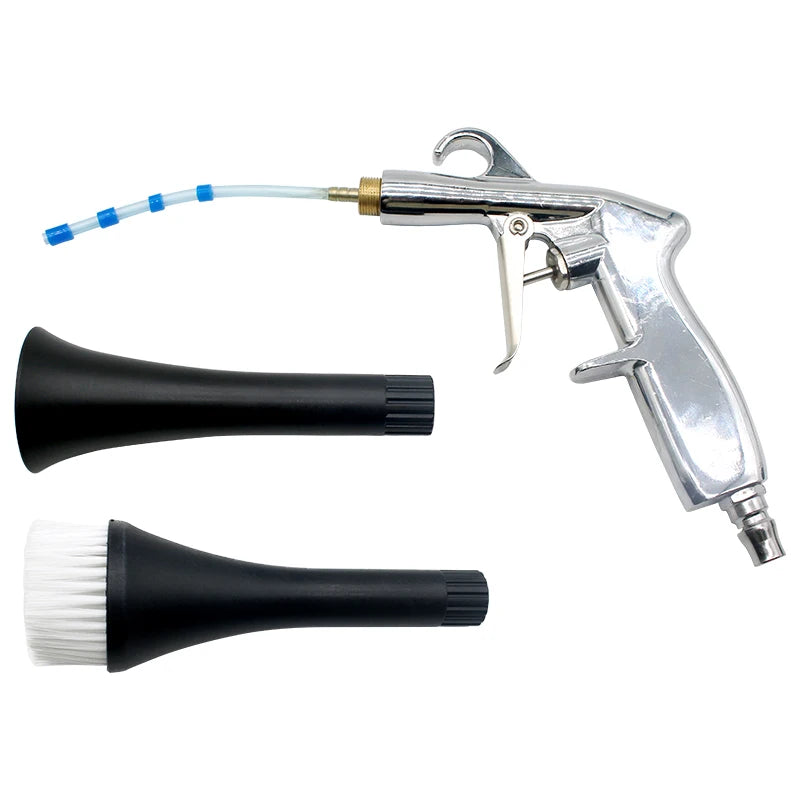 Chrome air blow dust gun with trigger, flexible nozzle extension and two interchangeable nozzle attachments
