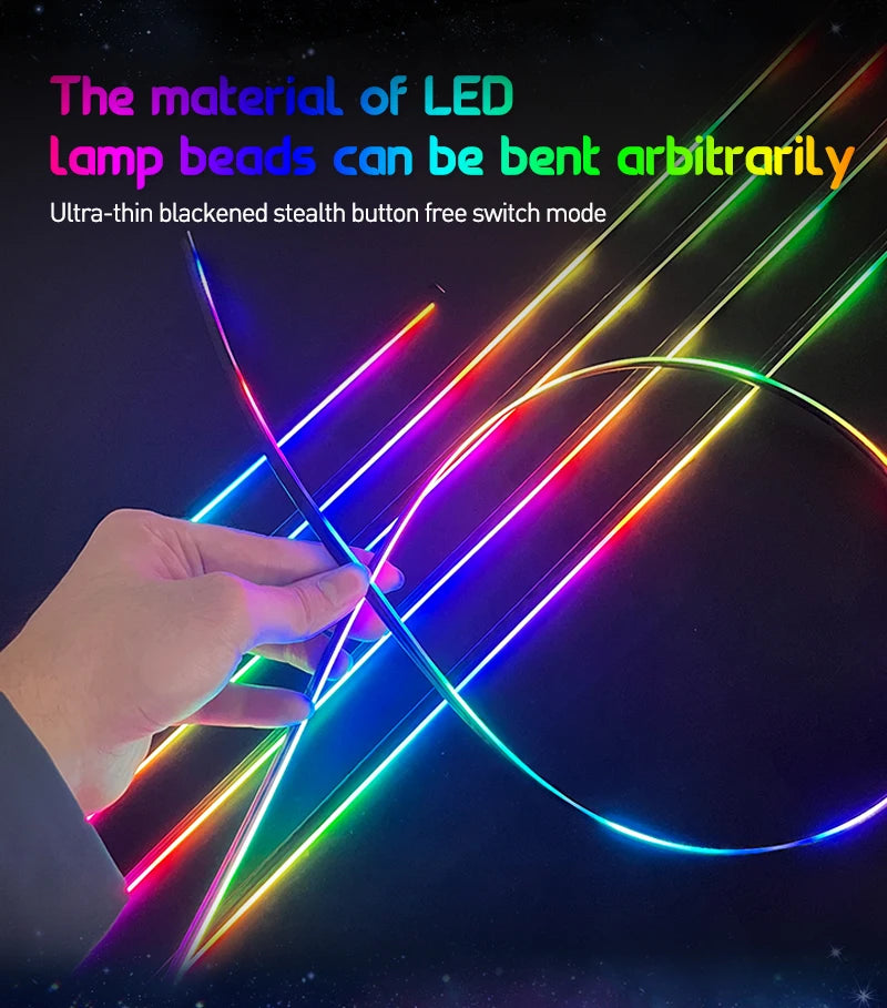Symphony Ambient Lighting Suite thin flexible LED strip bent by hand glowing in rainbow colours