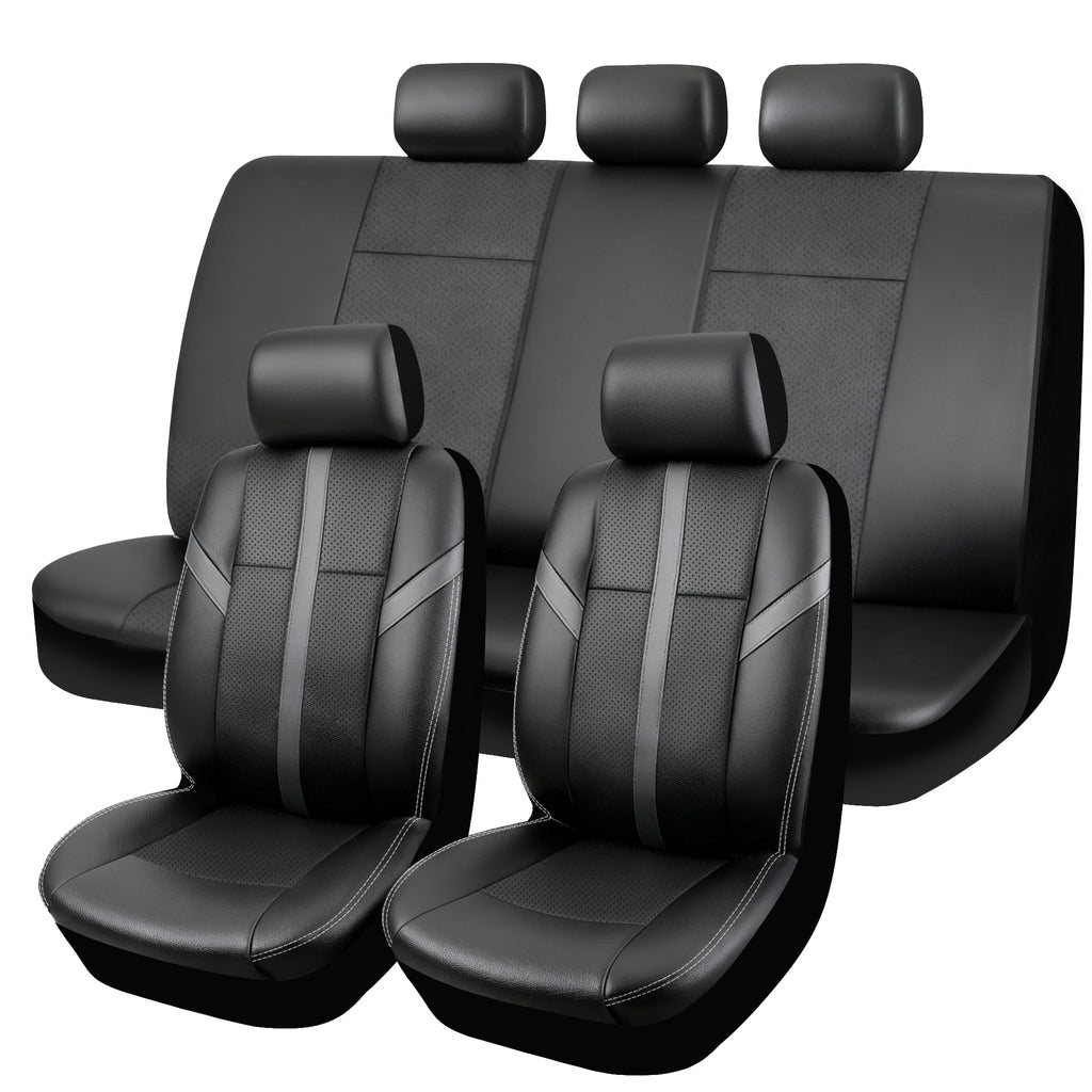 Faux Leather Seat Cover Set in black with grey stripes, full set of front and rear bench seat covers with headrest covers