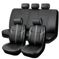 Faux Leather Seat Cover Set in black with grey stripes, full set of front and rear bench seat covers with headrest covers