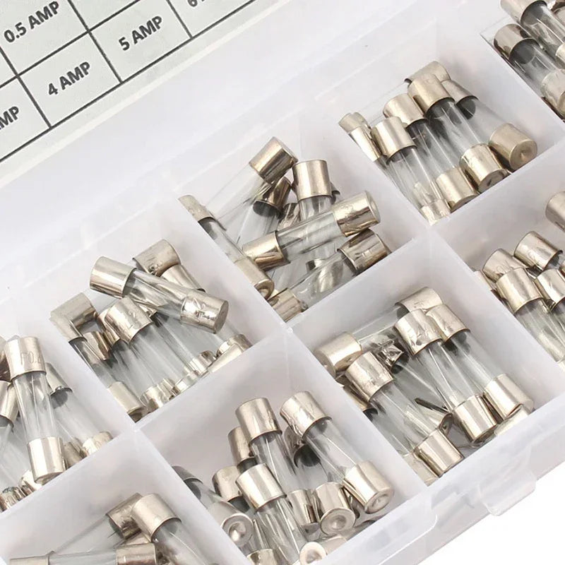 Close-up of glass fuses stored in the Auto Glass Fuse Kit compartment tray