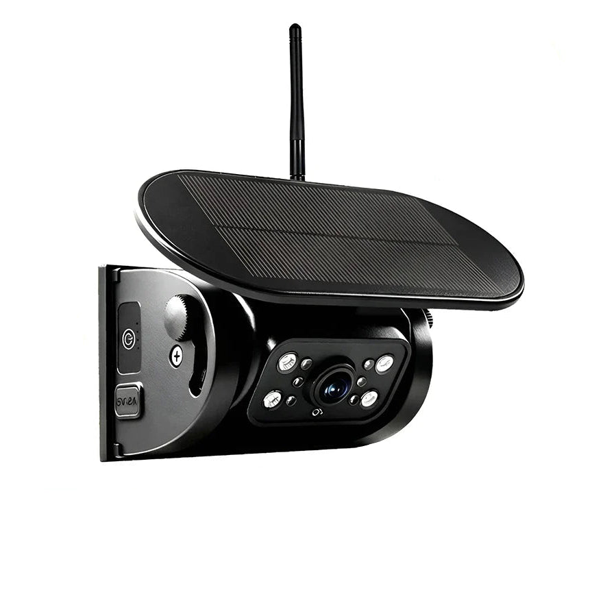 Solar WiFi Reversing Camera with black solar panel, antenna and infrared LED lens on a white background