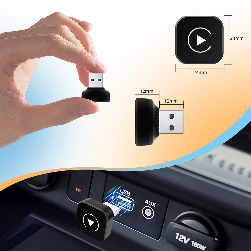 Mini Wireless CarPlay Adapter dimensions of 24 mm x 24 mm x 12 mm, shown plugged into a car centre console USB port