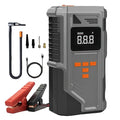 All-in-One Jump Starter & Inflator in grey with digital display, red and black battery clamps, air hose, nozzle adaptors and USB cable