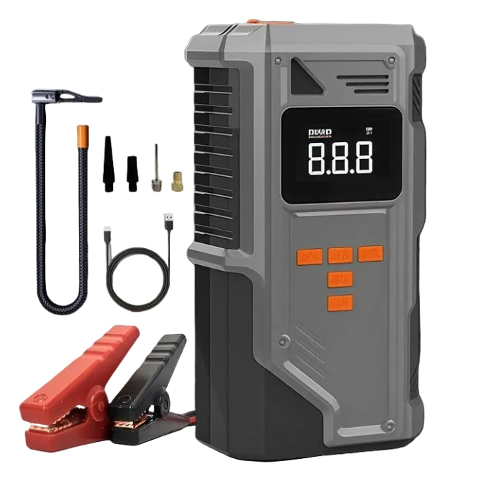 All-in-One Jump Starter & Inflator in grey with digital display, red and black battery clamps, air hose, nozzle adaptors and USB cable