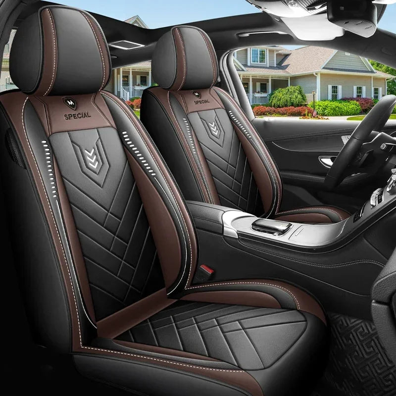 Brown Leather-Look Front Pair Car Seat Covers fitted in a vehicle interior