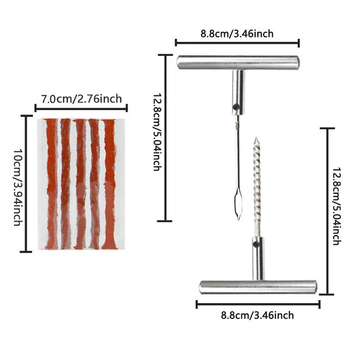 Diagram showing the dimensions of the Tyre Repair Tool Kit's insertion tool, reamer and rubber repair strips
