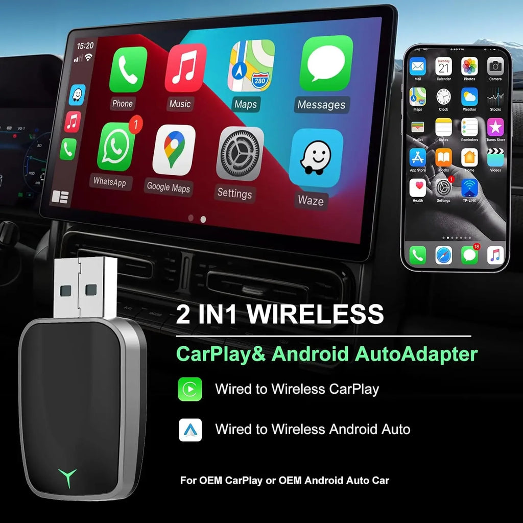 Slimline Wireless CarPlay Adapter converting wired CarPlay and Android Auto to wireless on a car touchscreen