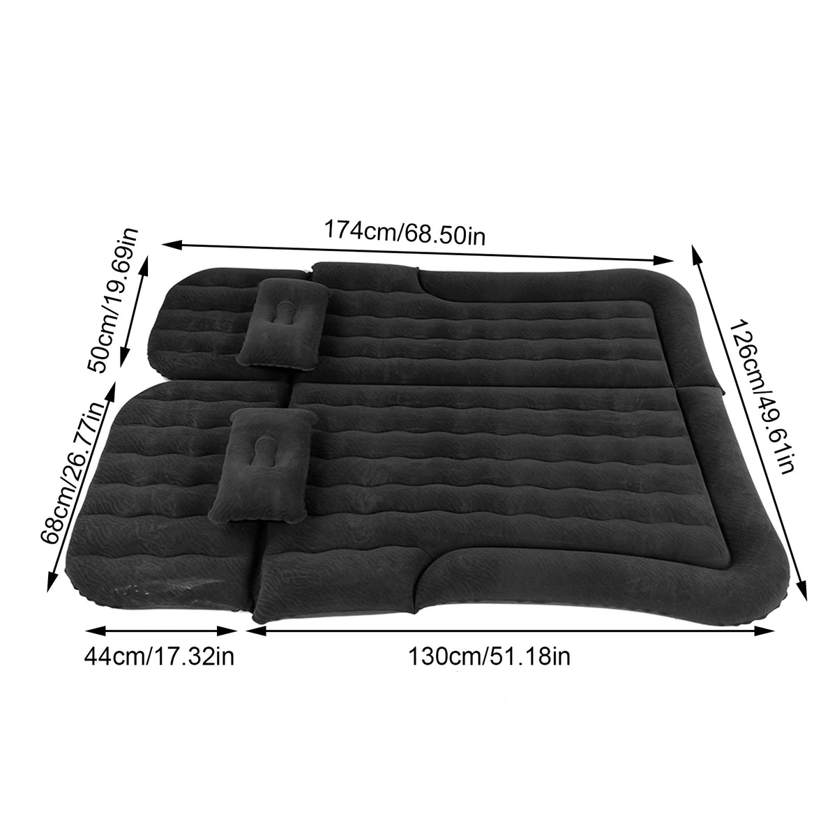Back-seat car air mattress dimension diagram showing 174 cm length, 126 cm width and 44 cm footwell extension