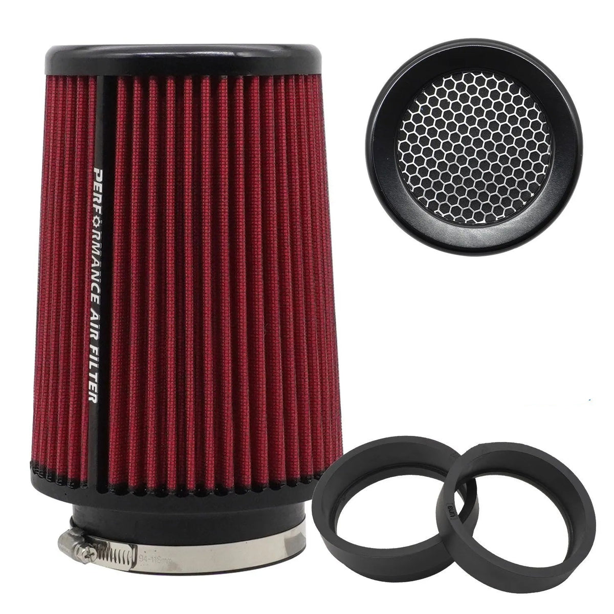 Red performance cold air intake filter with honeycomb mesh guard and rubber reducer rings