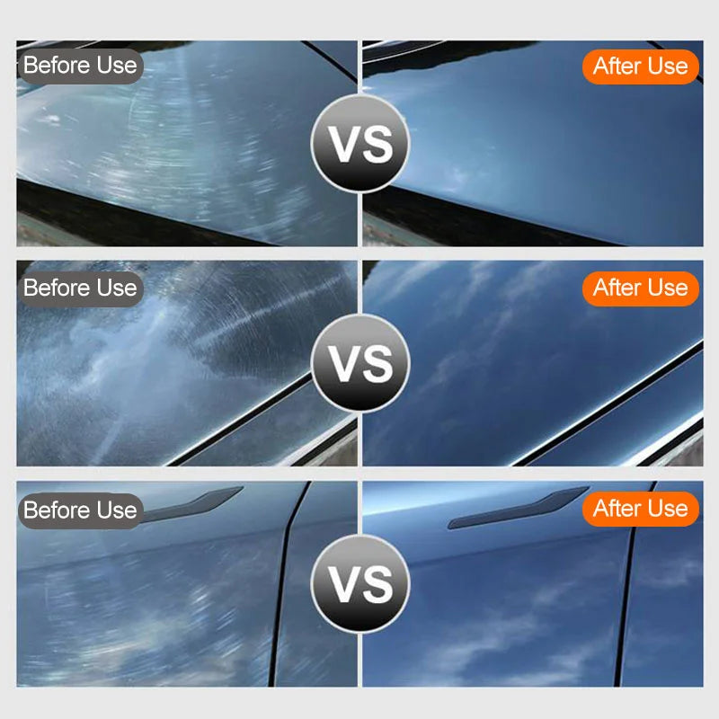 Before and after comparison of car paintwork showing swirl marks removed to a glossy finish using the Cordless Mini Polisher