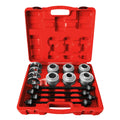 28 Piece Bush Removal Tool Kit press and pull sleeve set in a red carry case with all sleeves and spindles displayed on a white background
