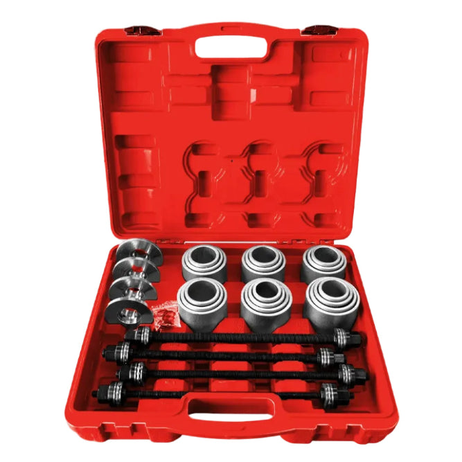 28 Piece Bush Removal Tool Kit press and pull sleeve set in a red carry case with all sleeves and spindles displayed on a white background