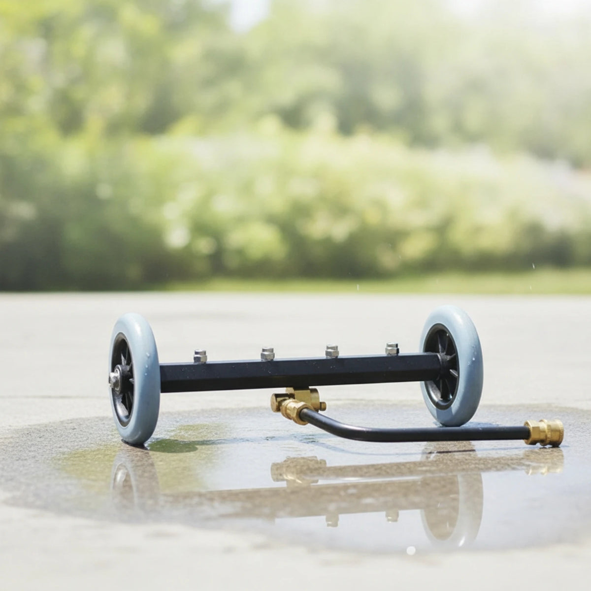 Underbody pressure washer wand resting on a wet driveway with hose attached, ready for use