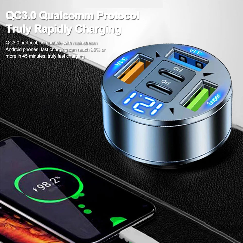 5-Port Fast Car Charger with QC3.0 Qualcomm fast charging protocol shown charging a smartphone to full battery