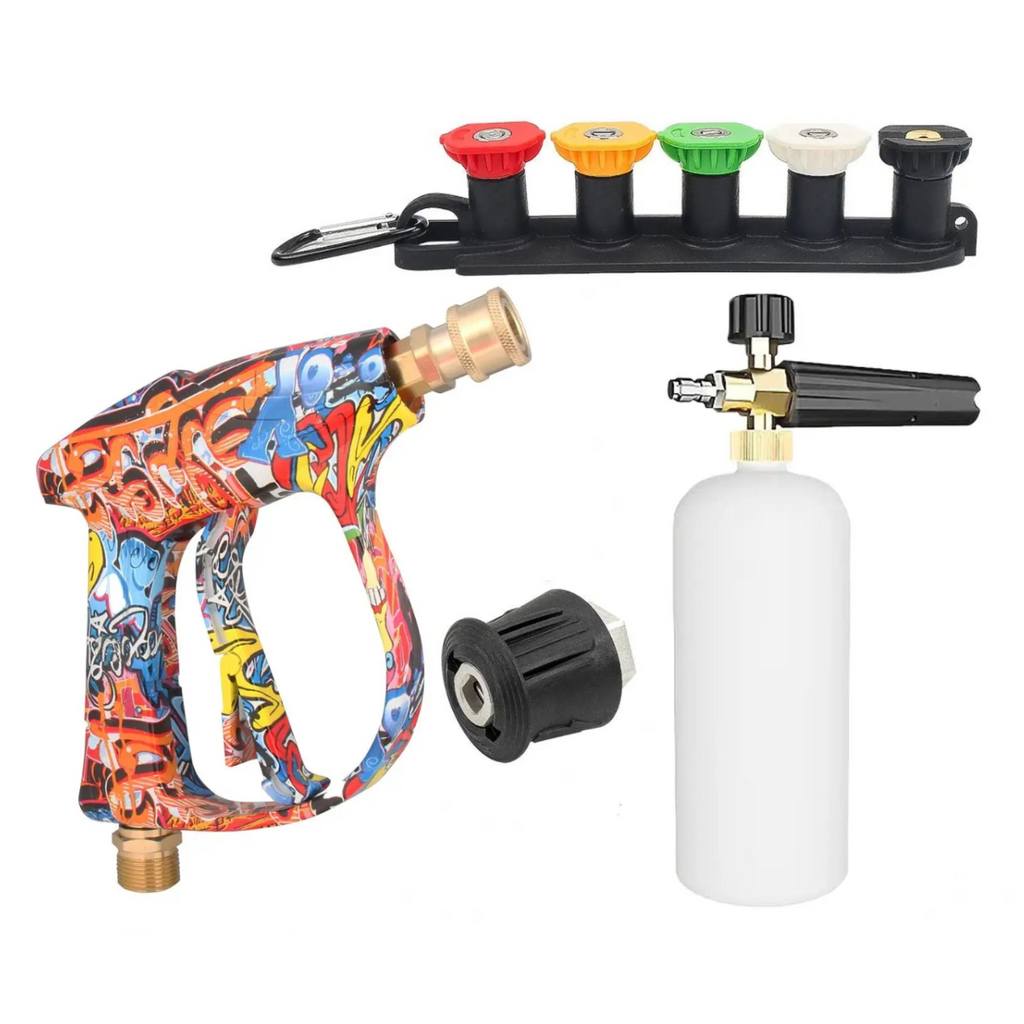 Foam cannon kit with 1L bottle and graffiti-print spray gun, compatible with Karcher K2 to K7 pressure washers