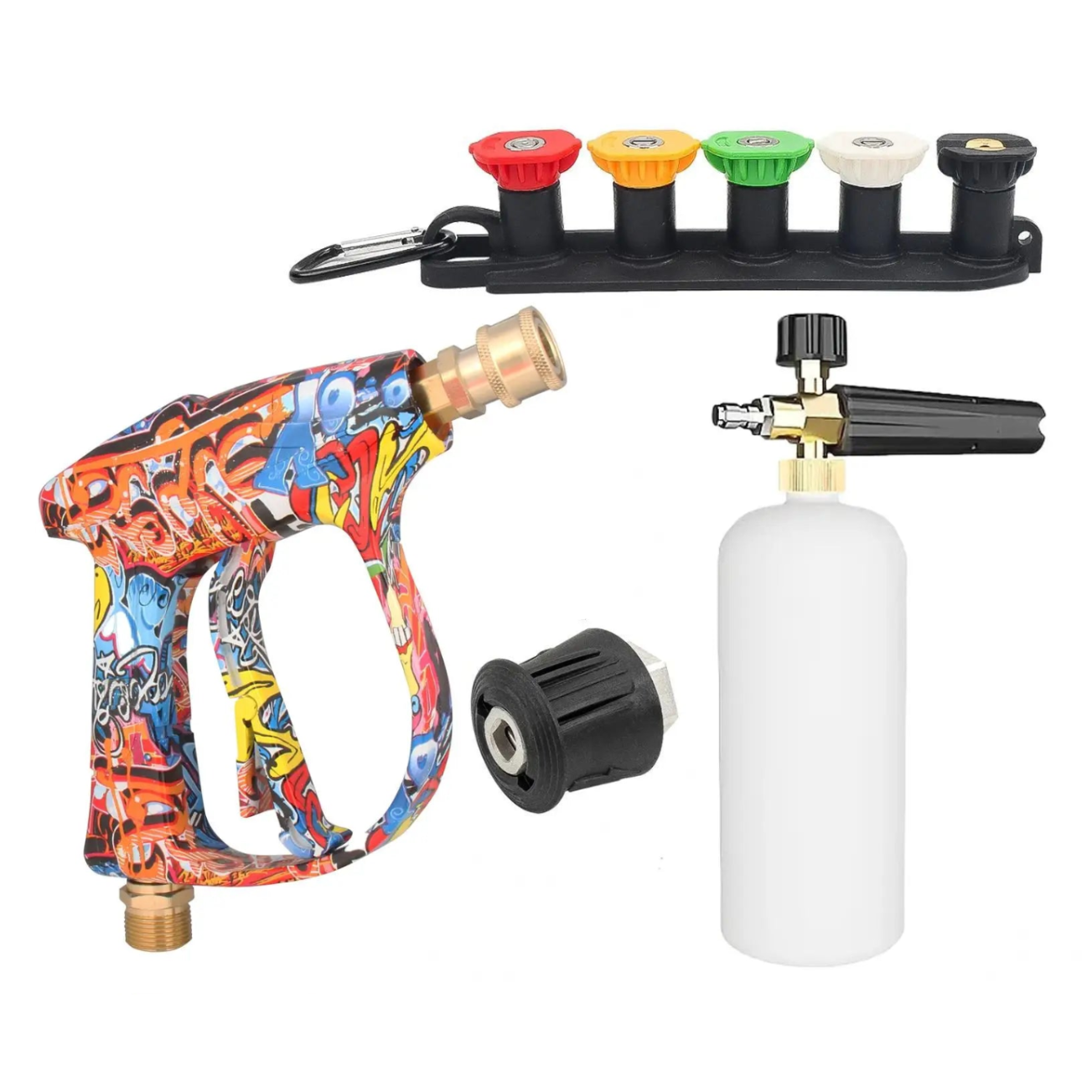 Foam cannon kit with 1L bottle and graffiti-print spray gun, compatible with Karcher K2 to K7 pressure washers
