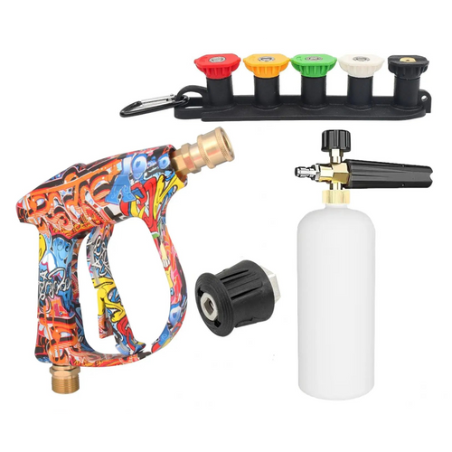 Foam cannon kit with 1L bottle and graffiti-print spray gun, compatible with Karcher K2 to K7 pressure washers