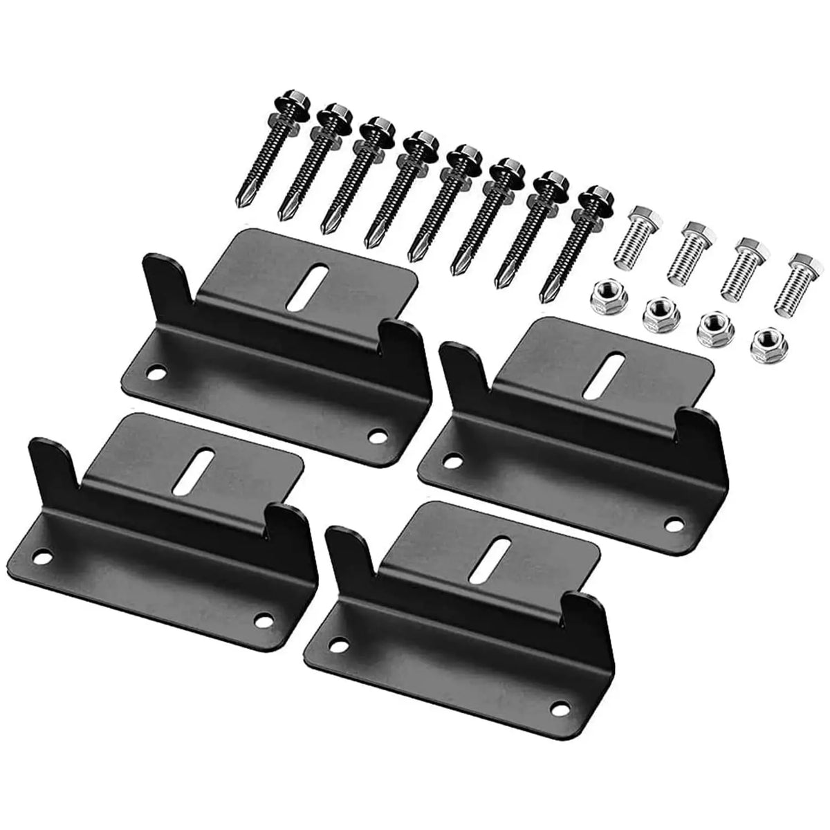 Four black aluminium solar panel Z-brackets with self-tapping screws, bolts and nuts
