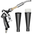 Detailing air blow gun with bent metal nozzle and two interchangeable cone and brush attachments on a white background