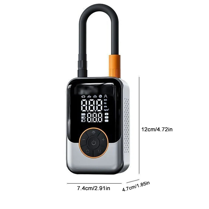 Compact Cordless Tyre Inflator dimensions diagram showing 12 cm height, 7.4 cm width and 4.7 cm depth