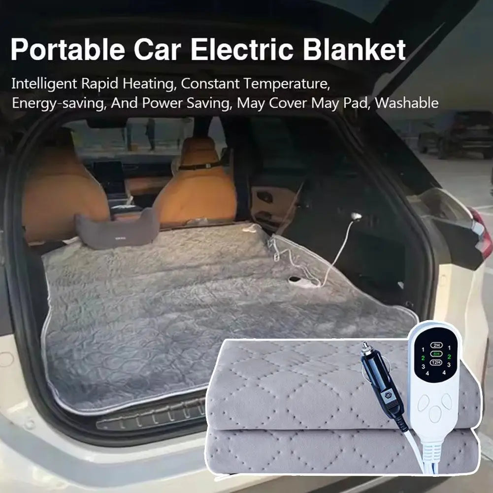 Heated Travel Car Blanket laid out in a car boot, plugged into a 12V socket for portable heating on the go