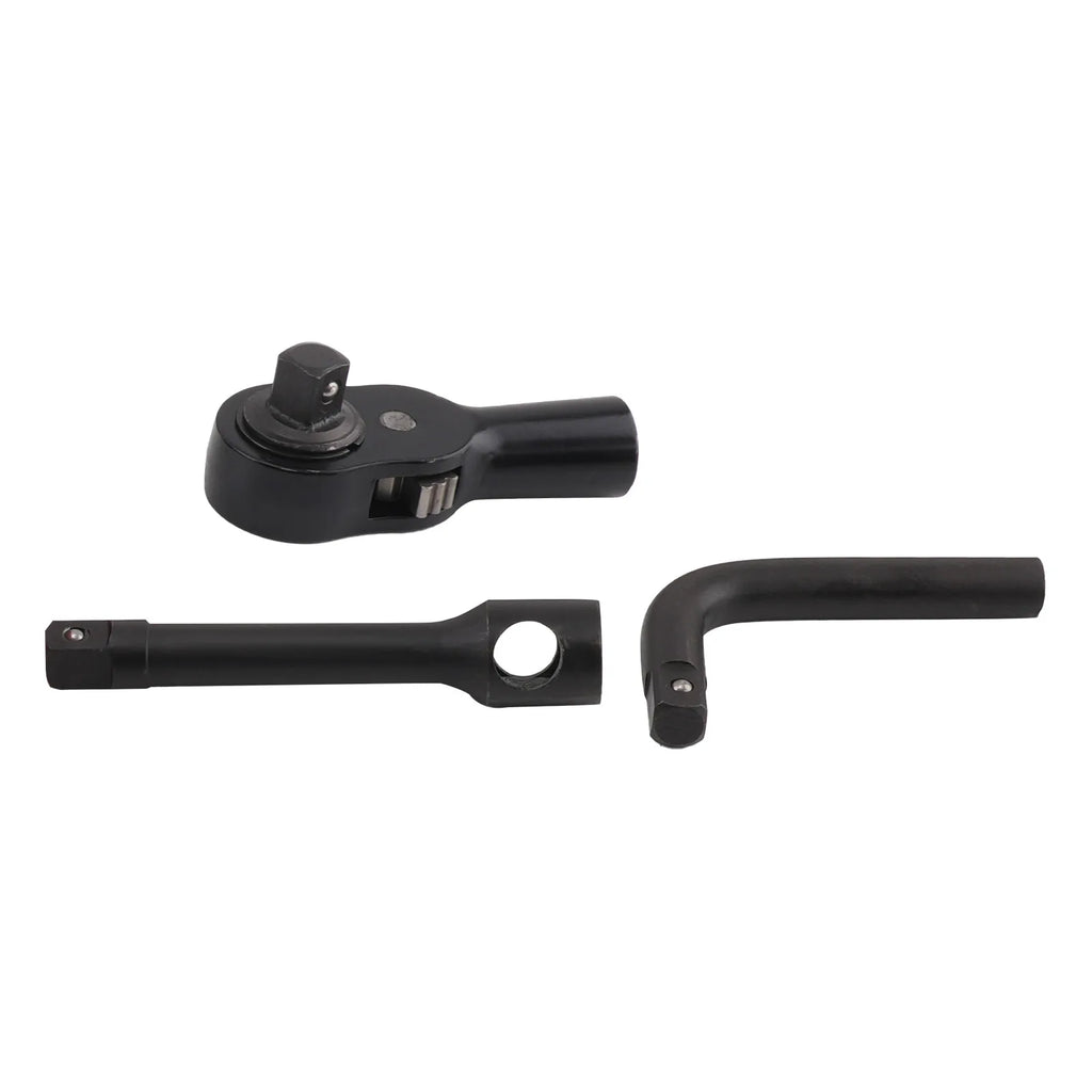 Heavy-Duty Impact Socket Set ratchet head, extension bar and L-handle wrench in black finish, white background