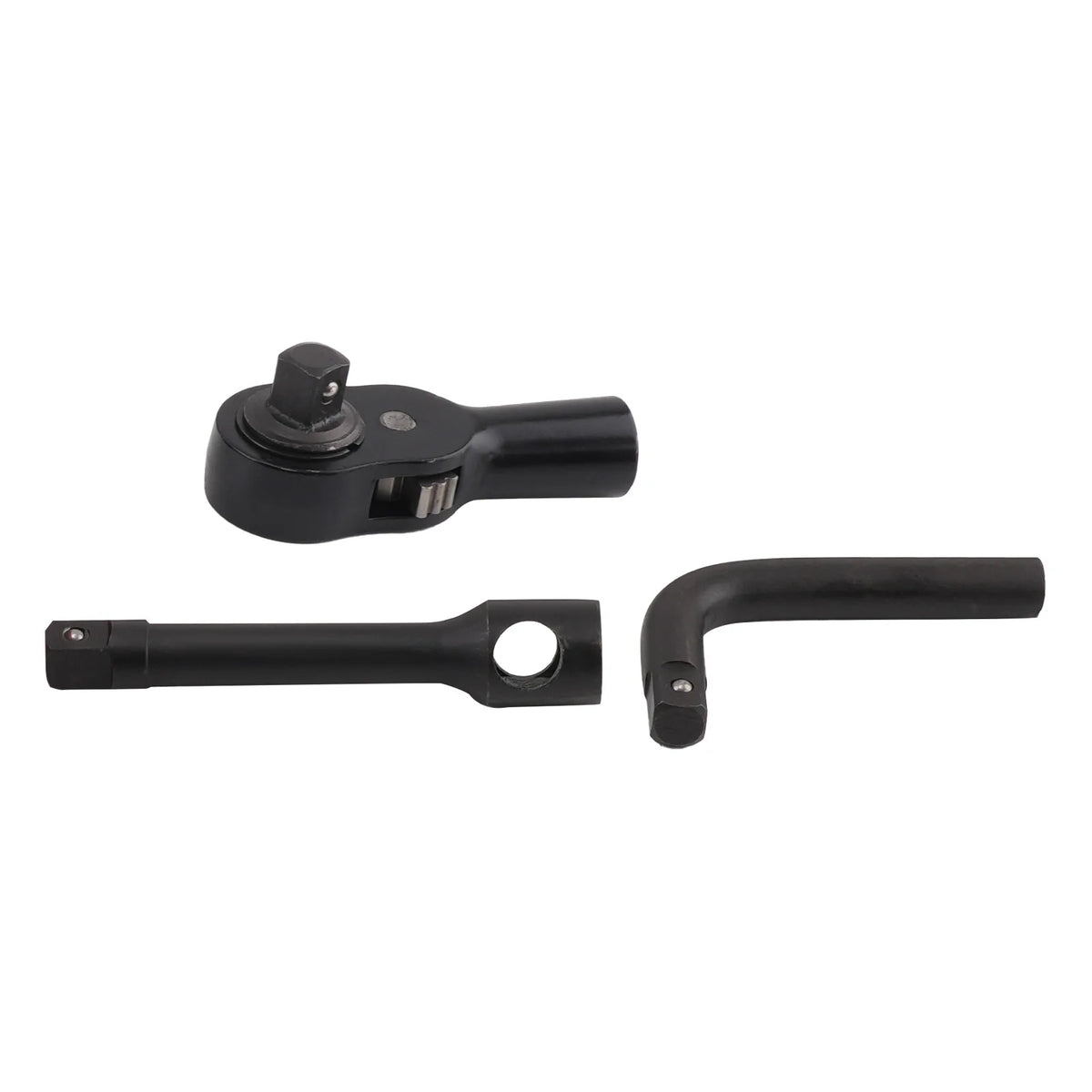 Heavy-Duty Impact Socket Set ratchet head, extension bar and L-handle wrench in black finish, white background