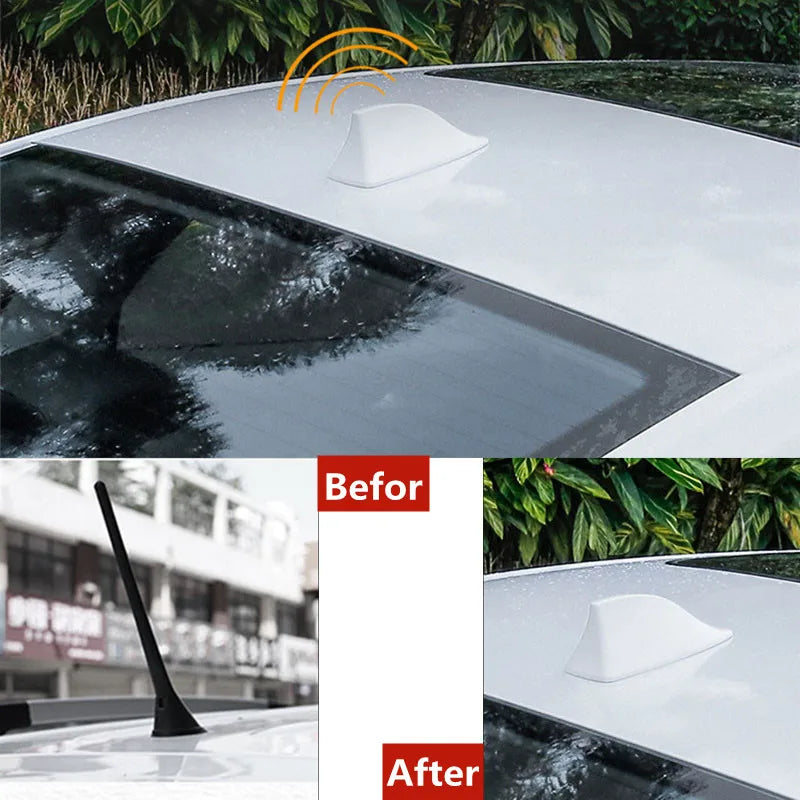 Before and after comparison of stock antenna replaced with white Shark Fin Antenna Cover